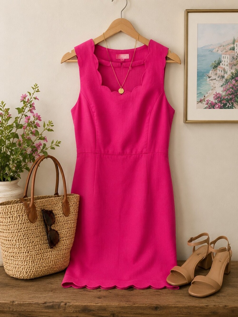 J.Crew Hot Pink Scalloped Sheath Dress Sleeveless Cotton Lined